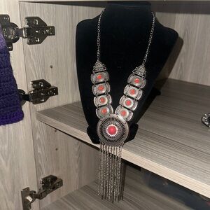 Silver-Tone Boho Medallion Necklace with Coral Accents
